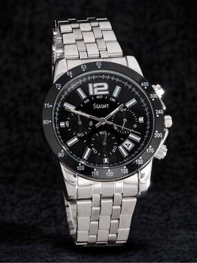 NIB Stauer Men's Silver Stainless Steel Chronograph Watch with Black Dial